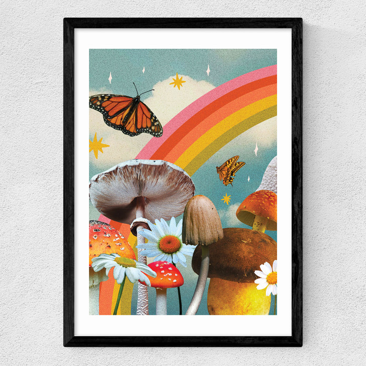 Vintage Mushroom Collage Medium Black Frame