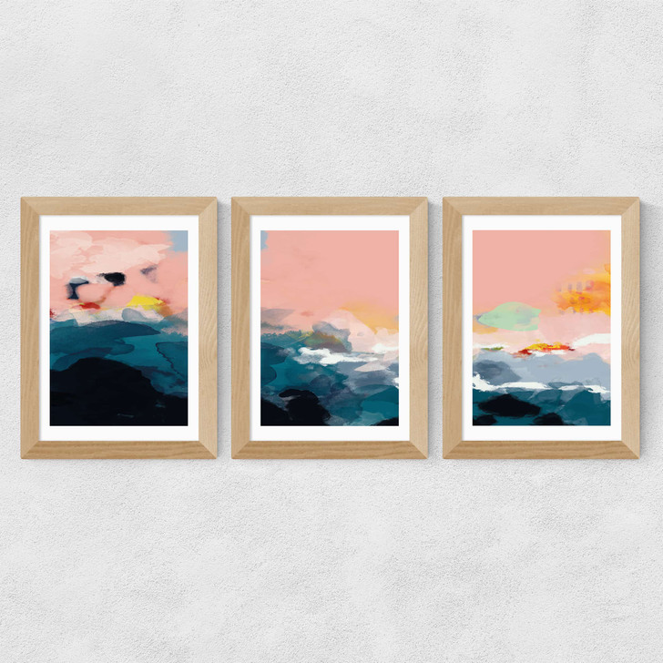 Abstract Landscape Triptych Wide Oak Frame Abstract Landscape Triptych Wide Oak Frame
