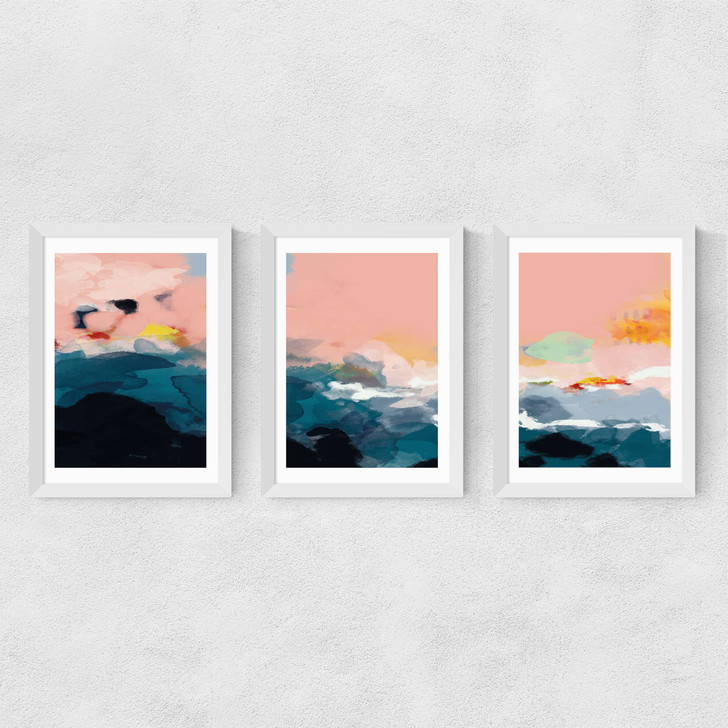 Abstract Landscape Triptych Medium White Frame