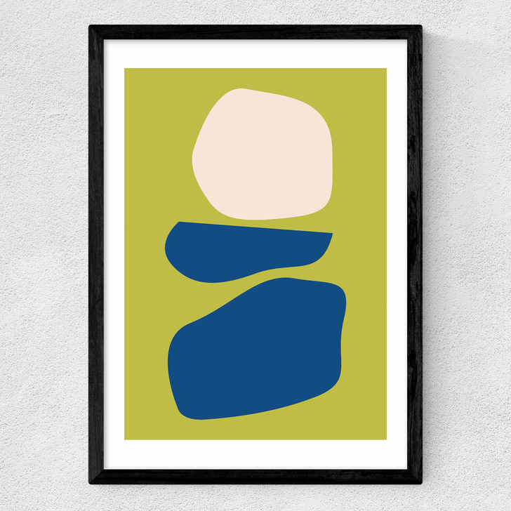 organic shapes blue lime art print by apricot + birch in black frame