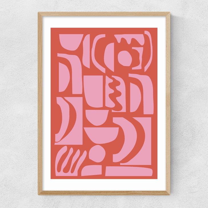 Abstract Shapes 21 in Pink and Red Narrow Oak Frame