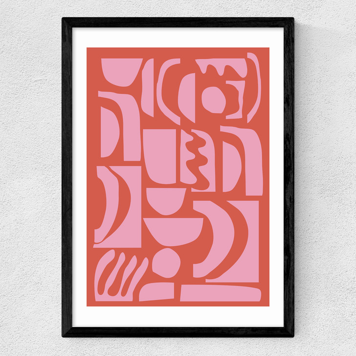 abstract shapes 21 in pink and red art print by apricot + birch in black frame