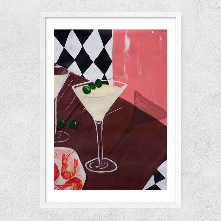 martin and olives art print by lucy muss in white frame
