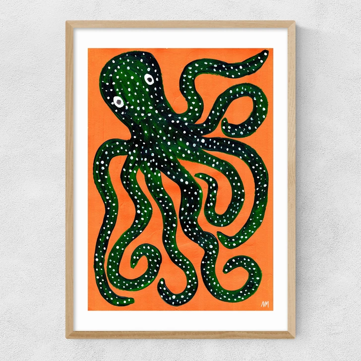 Green Octopus on Orange Narrow Oak Frame