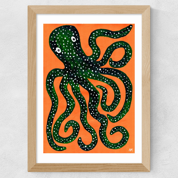 Green Octopus on Orange Wide Oak Frame