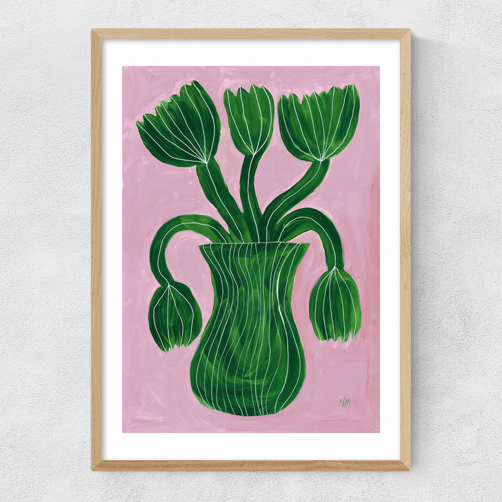 Green Flower Pot Narrow Oak Frame