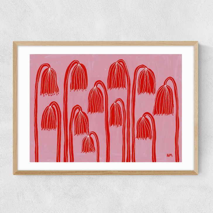 Red Flowers Landscape Narrow Oak Frame