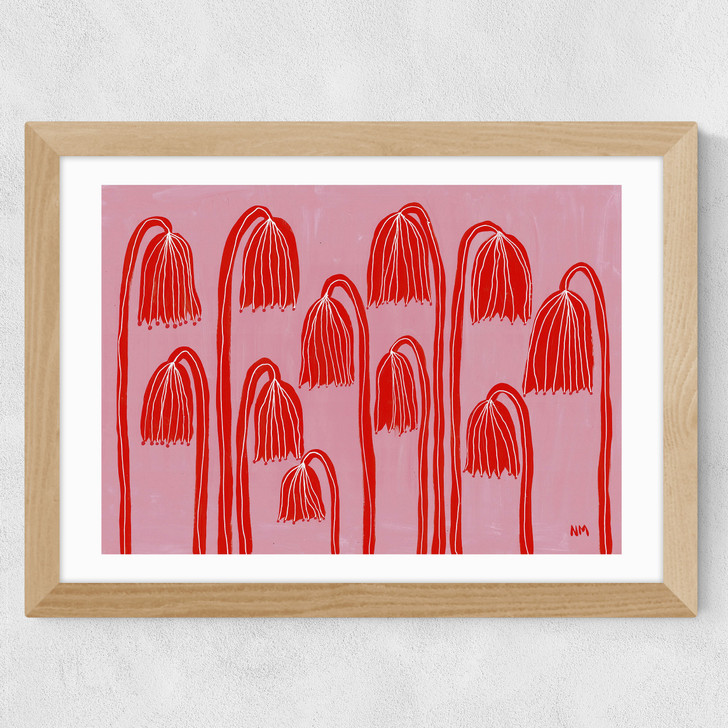 Red Flowers Landscape Wide Oak Frame
