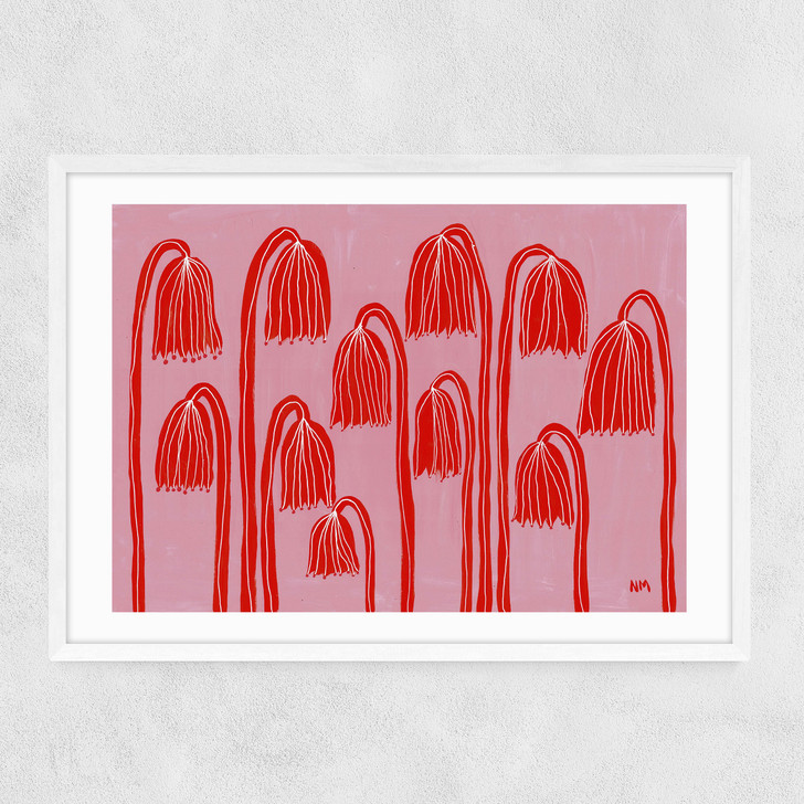 Red Flowers Landscape Narrow White Frame