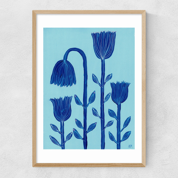 Blue Flowers Narrow Oak Frame