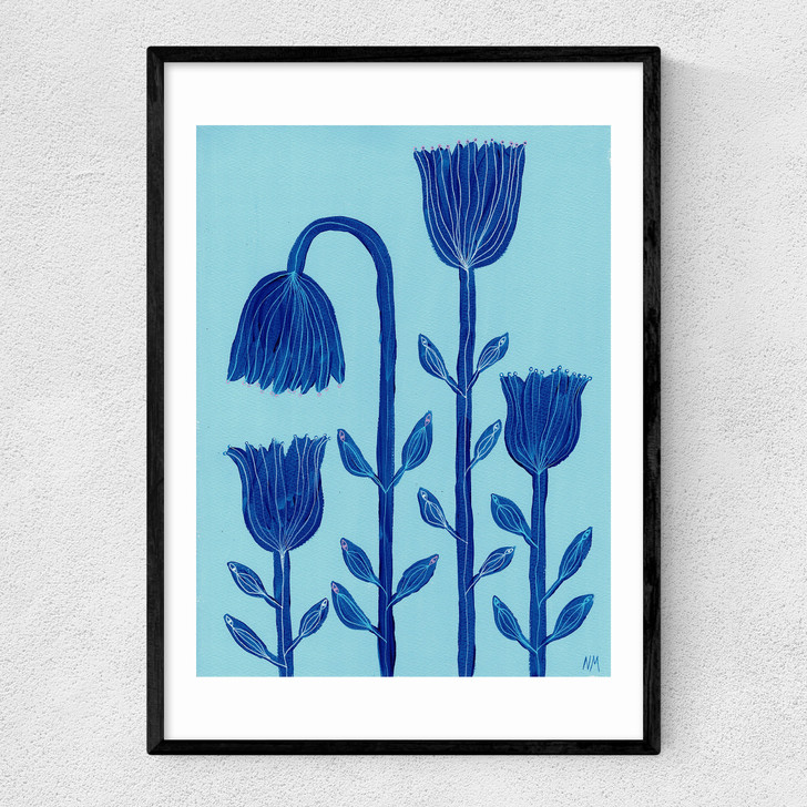 Blue Flowers Narrow Black Frame