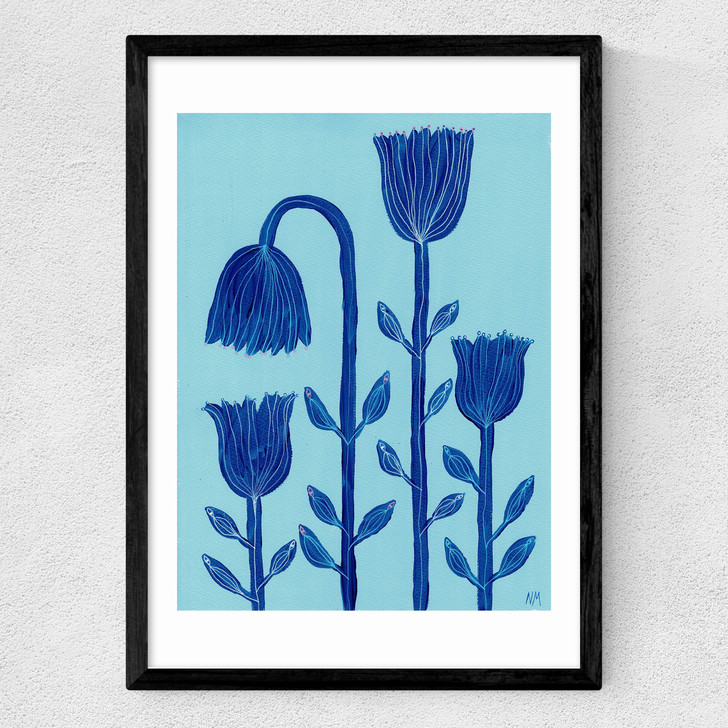 Blue Flowers Medium Black Frame