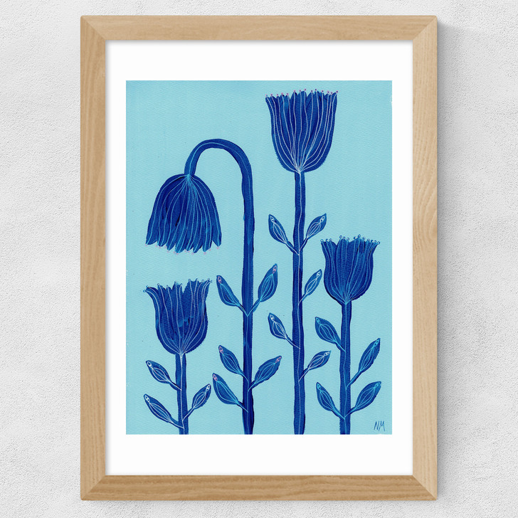 Blue Flowers Wide Oak Frame