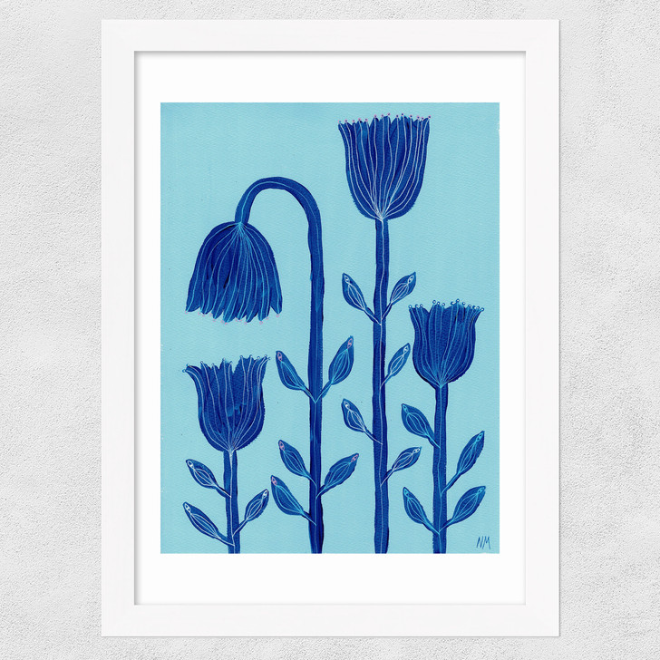 Blue Flowers Wide White Frame