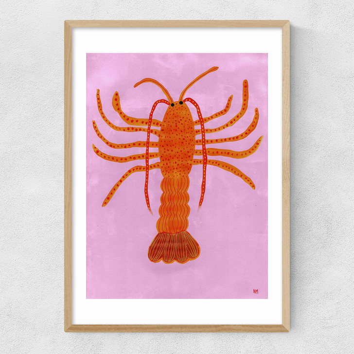 Orange Lobster on Pink Narrow Oak Frame