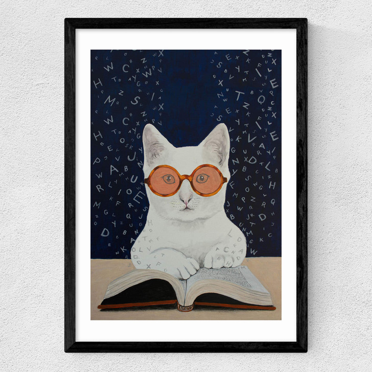Cat Reading A Book Medium Black Frame