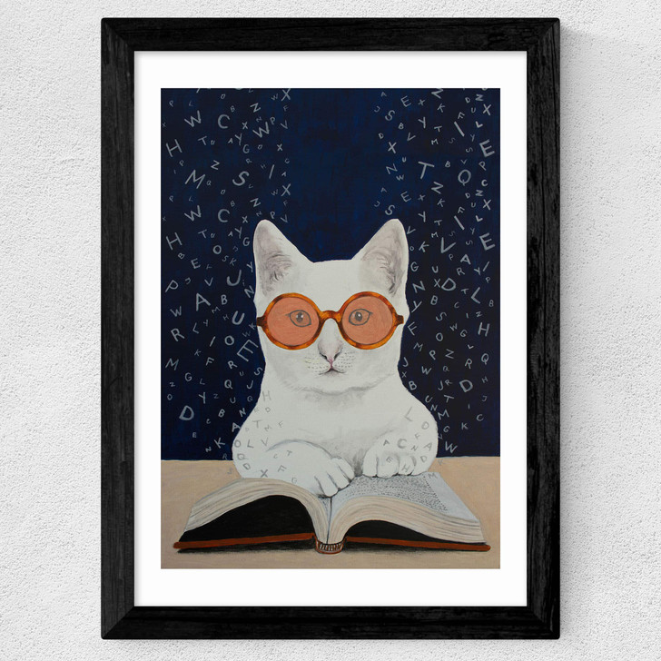 Cat Reading A Book Wide Black Frame