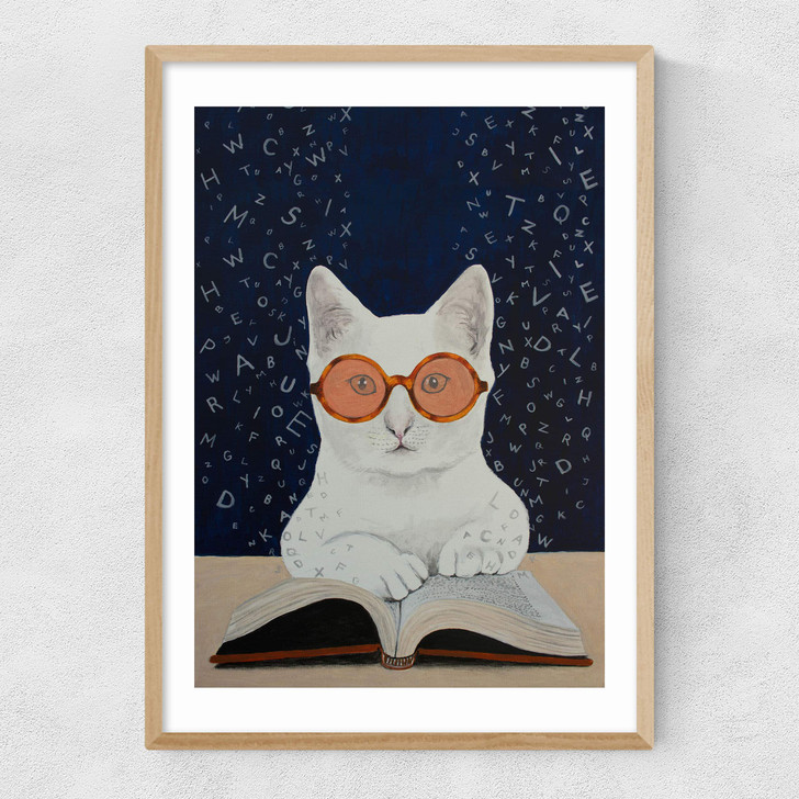 Cat Reading A Book Narrow Oak Frame