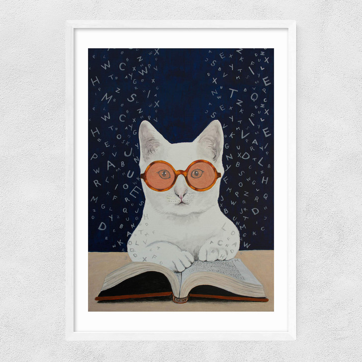 Cat Reading A Book Narrow White Frame