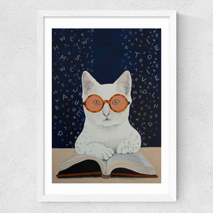 Cat Reading A Book Medium White Frame
