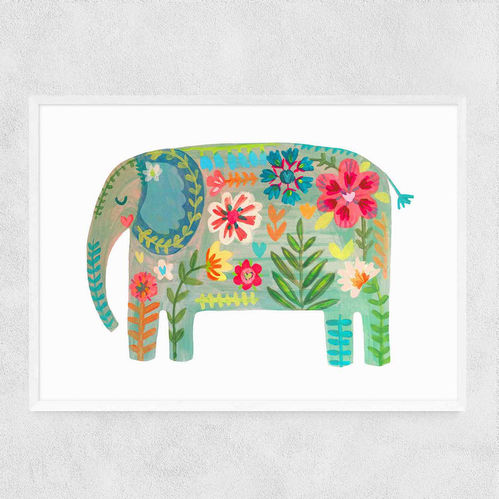 Floral Elephant Narrow White Frame Floral Elephant Narrow White Frame