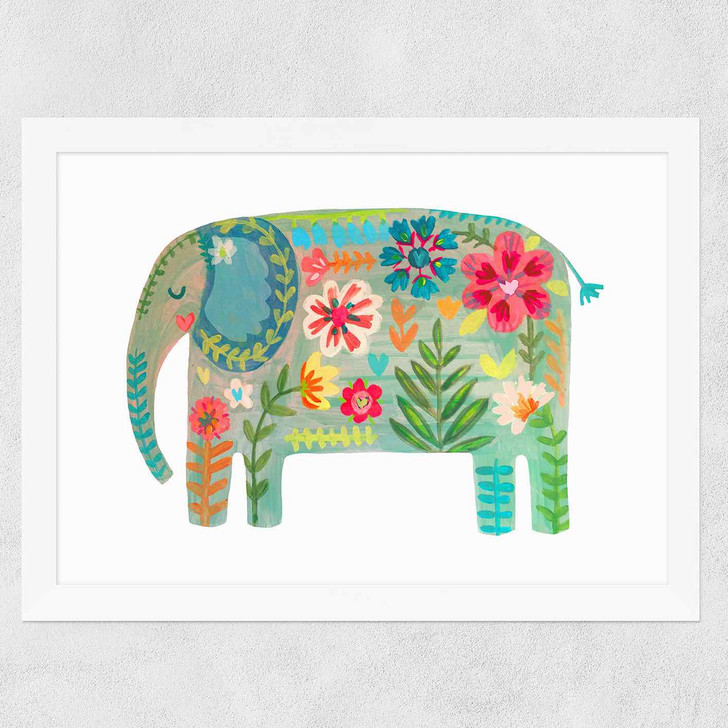 Floral Elephant Wide White Frame Floral Elephant Wide White Frame