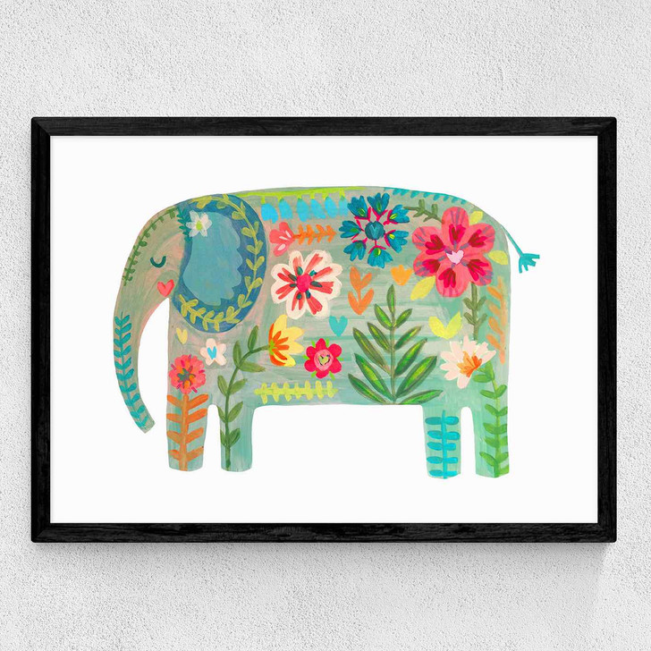 Floral Elephant Medium Black Frame