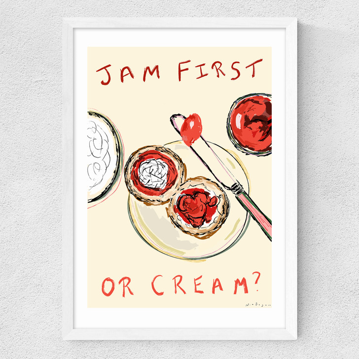 jam first or cream art print by nia beynon in white frame