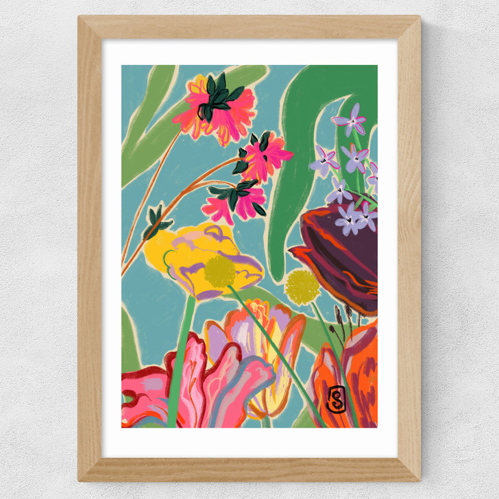 Colourful Flowers Meditation Wide Oak Frame