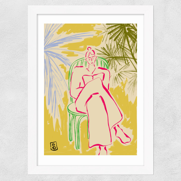 Reading Among Palm Trees Wide White Frame