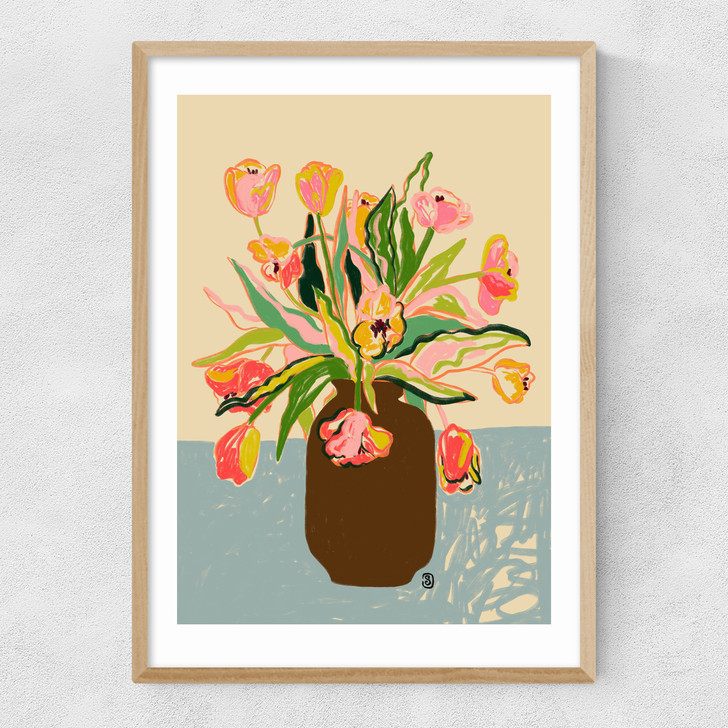 Tulips Vase Narrow Oak Frame