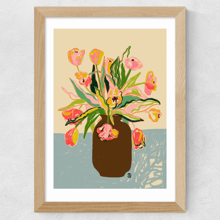 Tulips Vase Wide Oak Frame