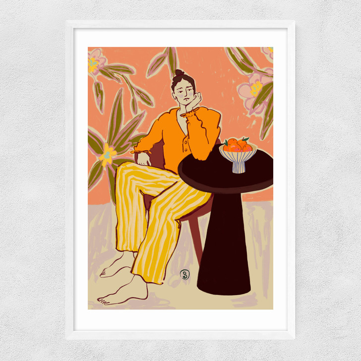 Woman With Oranges Narrow White Frame