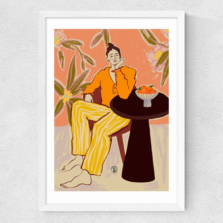 Woman With Oranges Medium White Frame