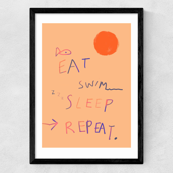 eat swim sleep repeat art print by studio eleni in black frame