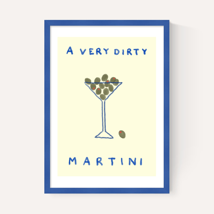 a very dirty martini art print by she snacks and paints in blue frame