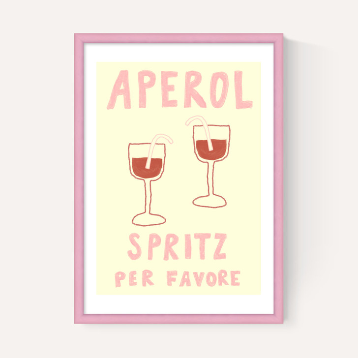 aperol spritz per favore art print by she snacks and paints in pink frame