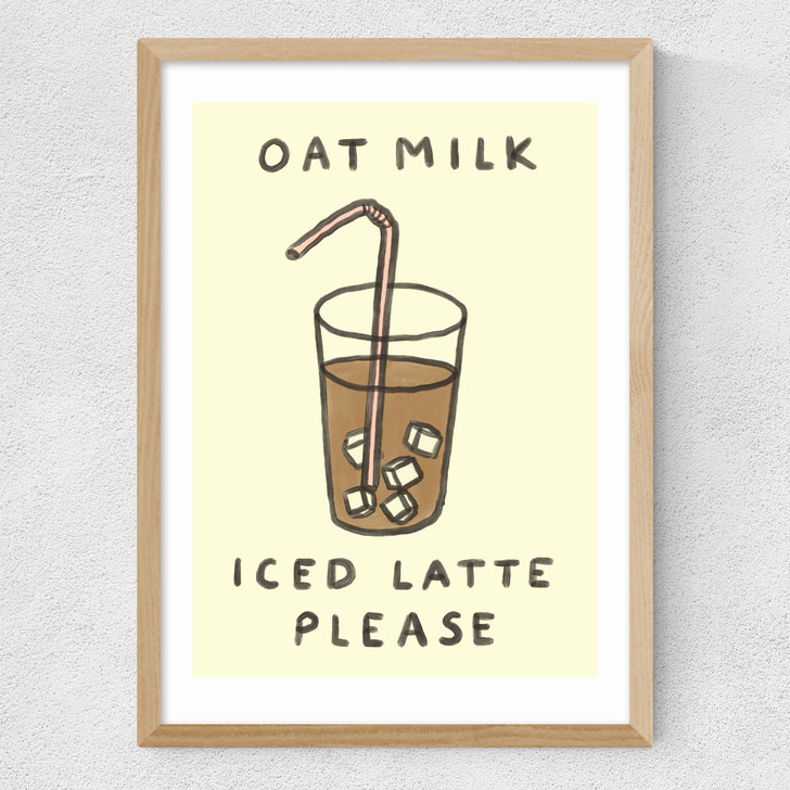 Oat milk iced latte art print by she snacks and paints in oak frame