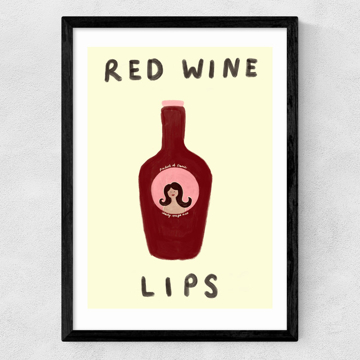 Red wine lips art print by she snacks and paints in black frame
