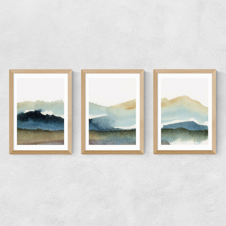 Blue Ink Triptych Medium Oak Frame