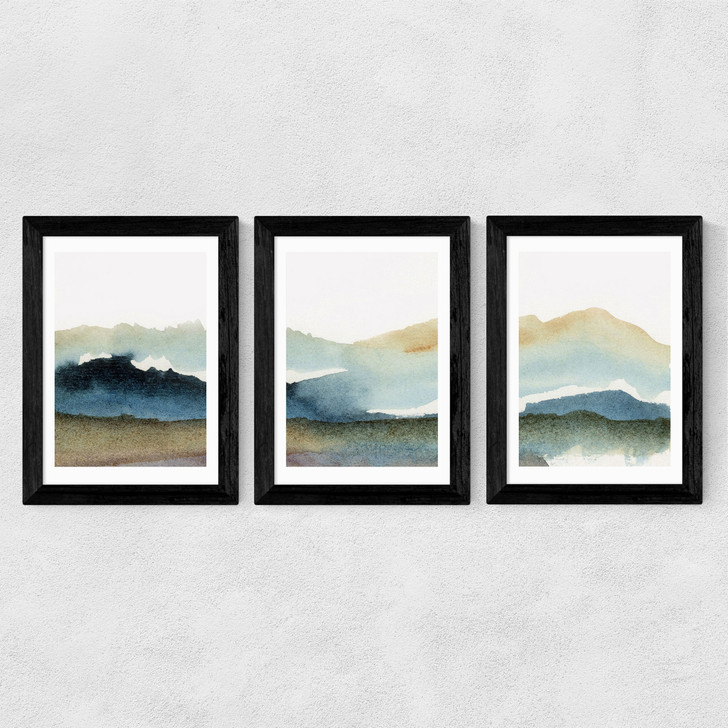 Blue Ink Triptych Wide Black Frame