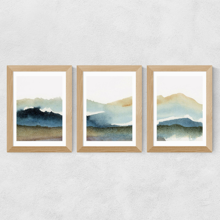 Blue Ink Triptych Wide Oak Frame