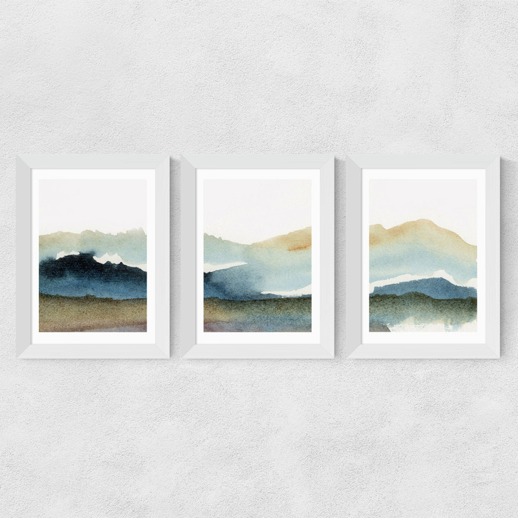 Blue Ink Triptych Wide White Frame