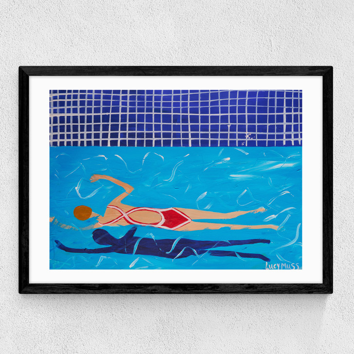 red swimmer art print by the lucy muss in black frame