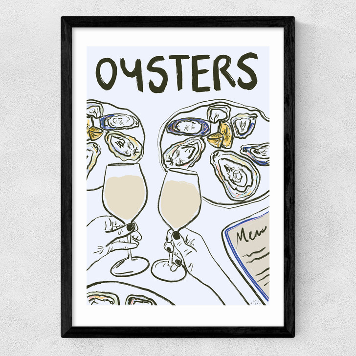oysters with wine art print by nia beynon in black frame