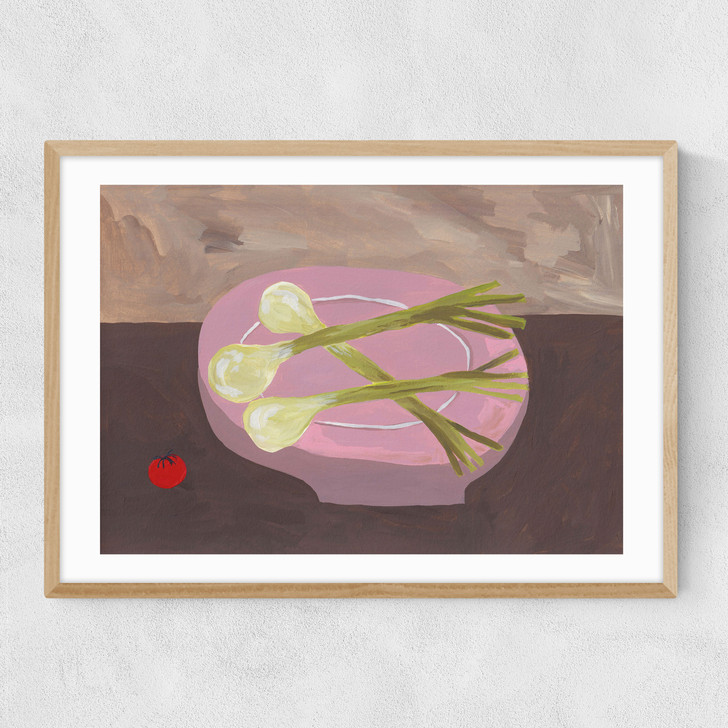 Pink Bowl of Spring Onions Narrow Oak Frame