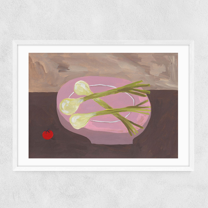Pink Bowl of Spring Onions Narrow White Frame