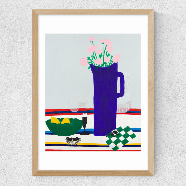 Blue Vase on Table Medium Oak Frame