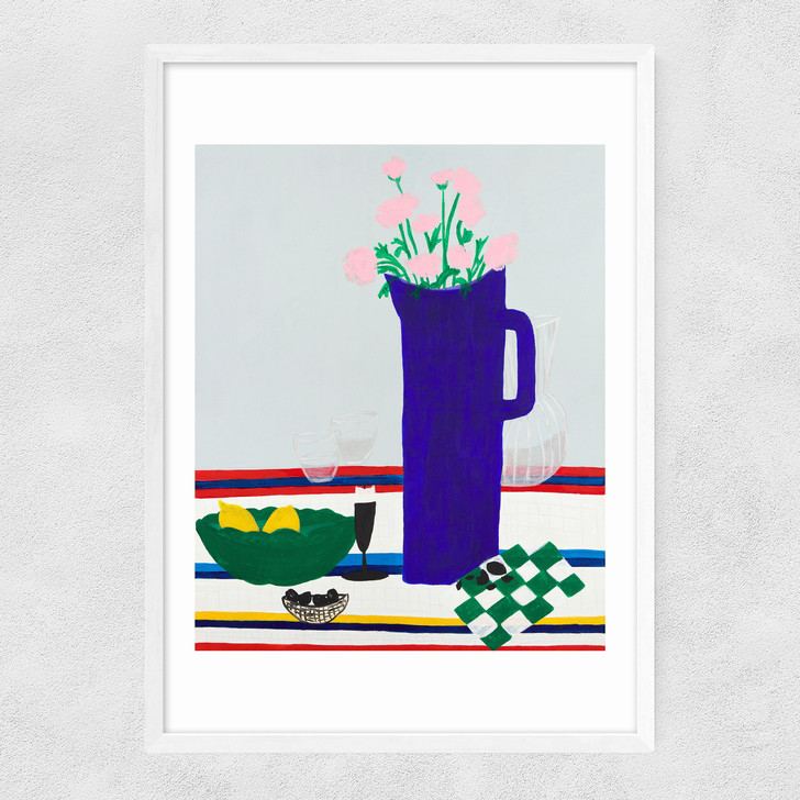 Blue Vase on Table Narrow White Frame