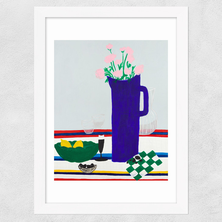 Blue Vase on Table Wide White Frame
